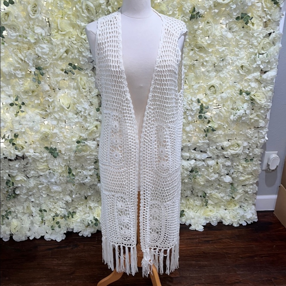 White Crochet Fringe Vest